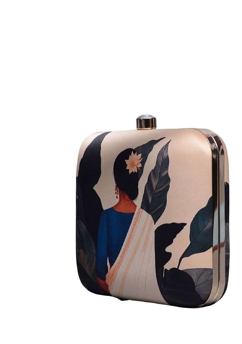 Beige Fabric Based Portrait Of Indian Lady Printed Box Clutch - Indya