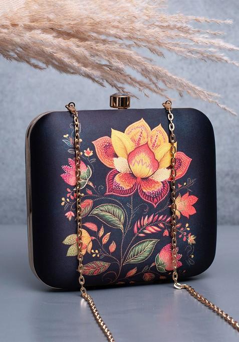 Black Fabric Floral Printed Box Clutch