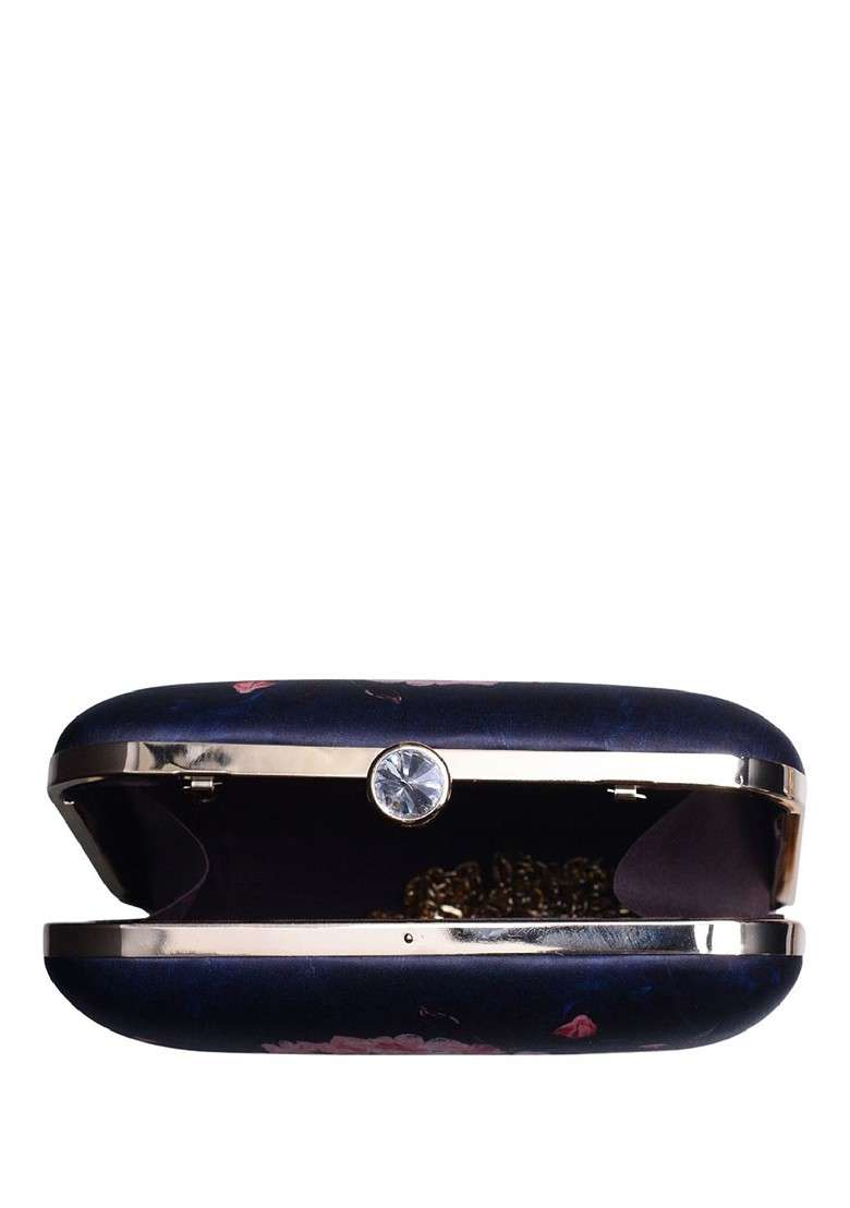 Black Fabric Floral Girl Portrait Printed Box Clutch - Indya