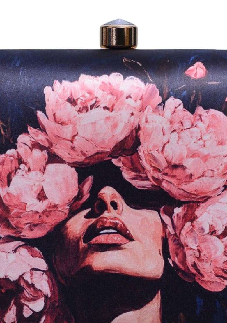 Black Fabric Floral Girl Portrait Printed Box Clutch - Indya