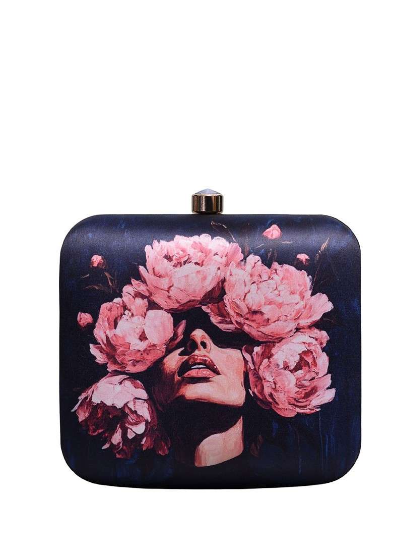 Black Fabric Floral Girl Portrait Printed Box Clutch - Indya