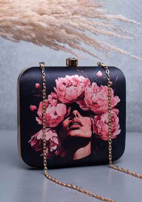 Black Fabric Floral Girl Portrait Printed Box Clutch