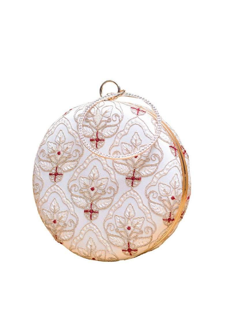 White Satin Embroidered Sequinned Box Clutches - Indya