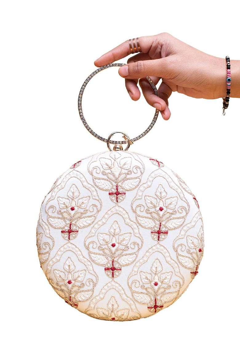 White Satin Embroidered Sequinned Box Clutches - Indya