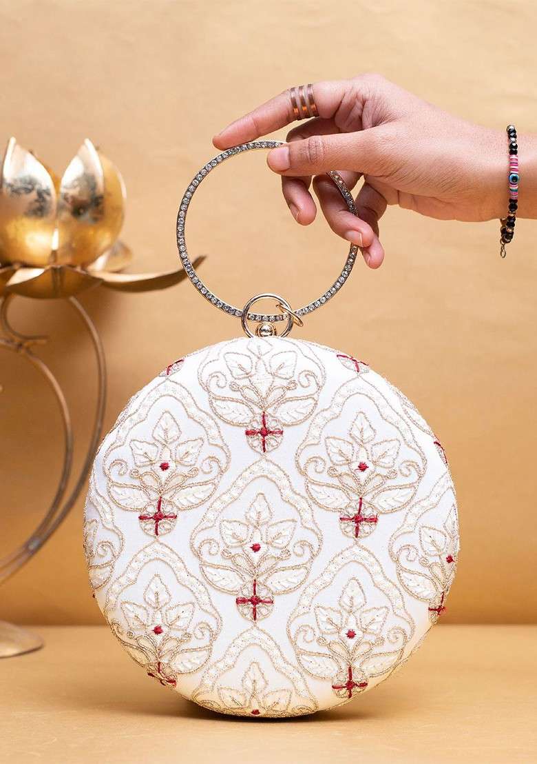 White Satin Embroidered Sequinned Box Clutches - Indya