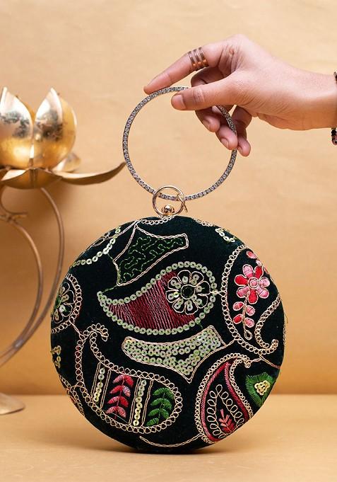 Black Satin Embroidered Thread Work And Sequinned Box Clutch