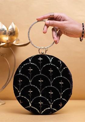 Black Satin Embroidered Sequinned Box Clutch