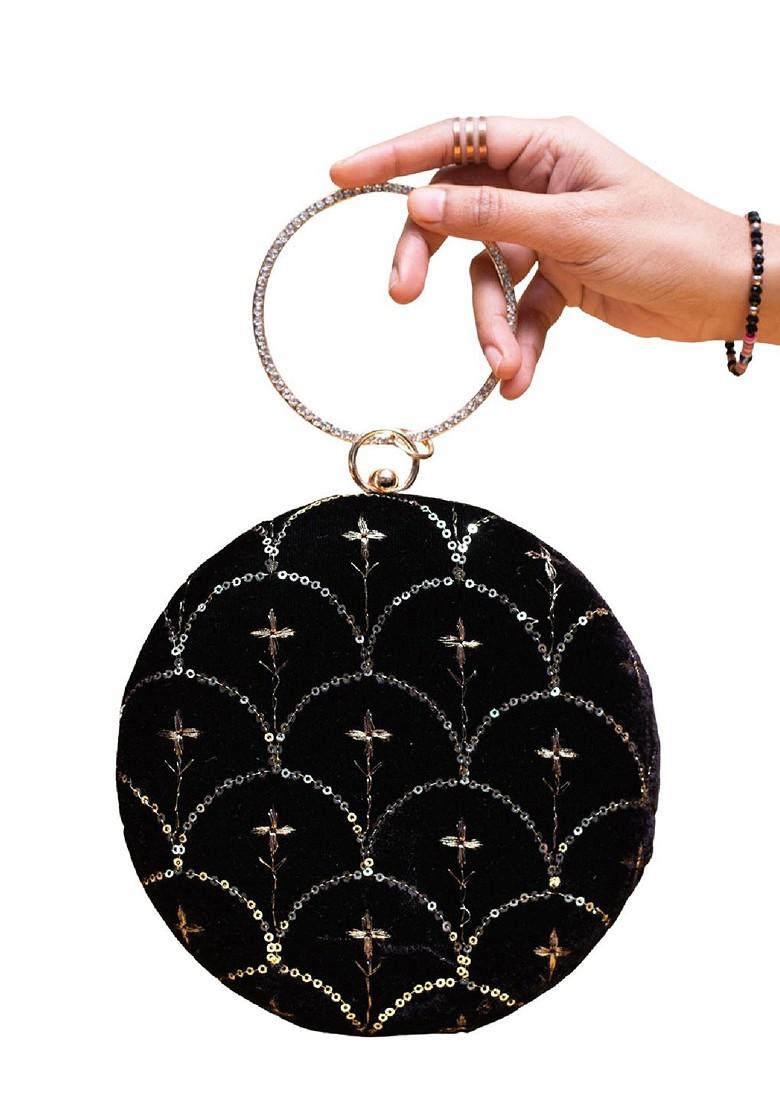 Black Satin Embroidered Sequinned Box Clutch - Indya