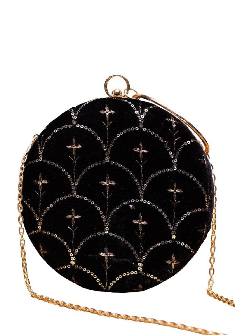 Black Satin Embroidered Sequinned Box Clutch - Indya