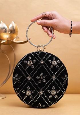 Black Satin Embroidered Sequinned Box Clutch
