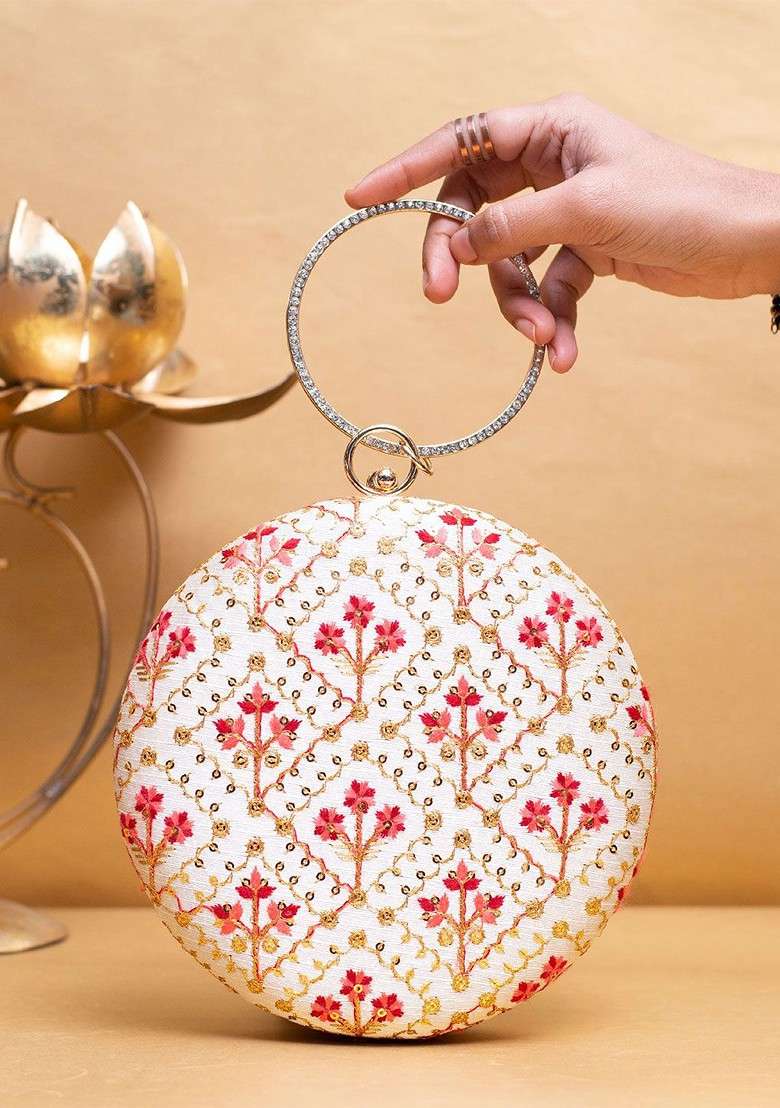 Off White Satin Embroidered Thread Work And Sequinned Box Clutch - Indya