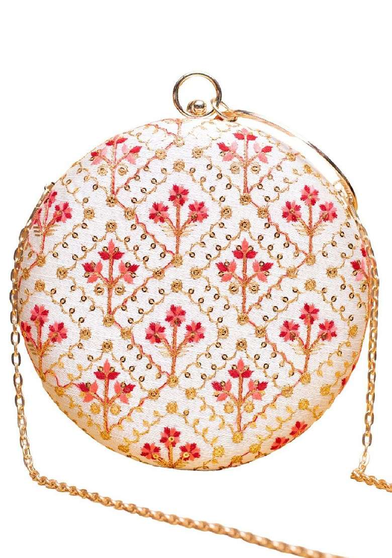 Off White Satin Embroidered Thread Work And Sequinned Box Clutch - Indya