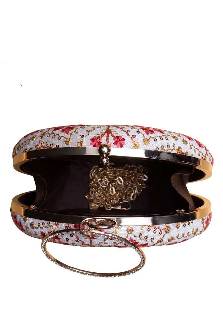 Off White Satin Embroidered Thread Work And Sequinned Box Clutch - Indya