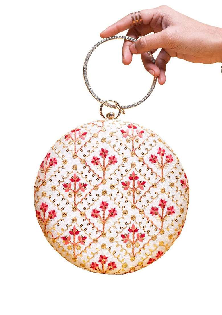 Off White Satin Embroidered Thread Work And Sequinned Box Clutch - Indya