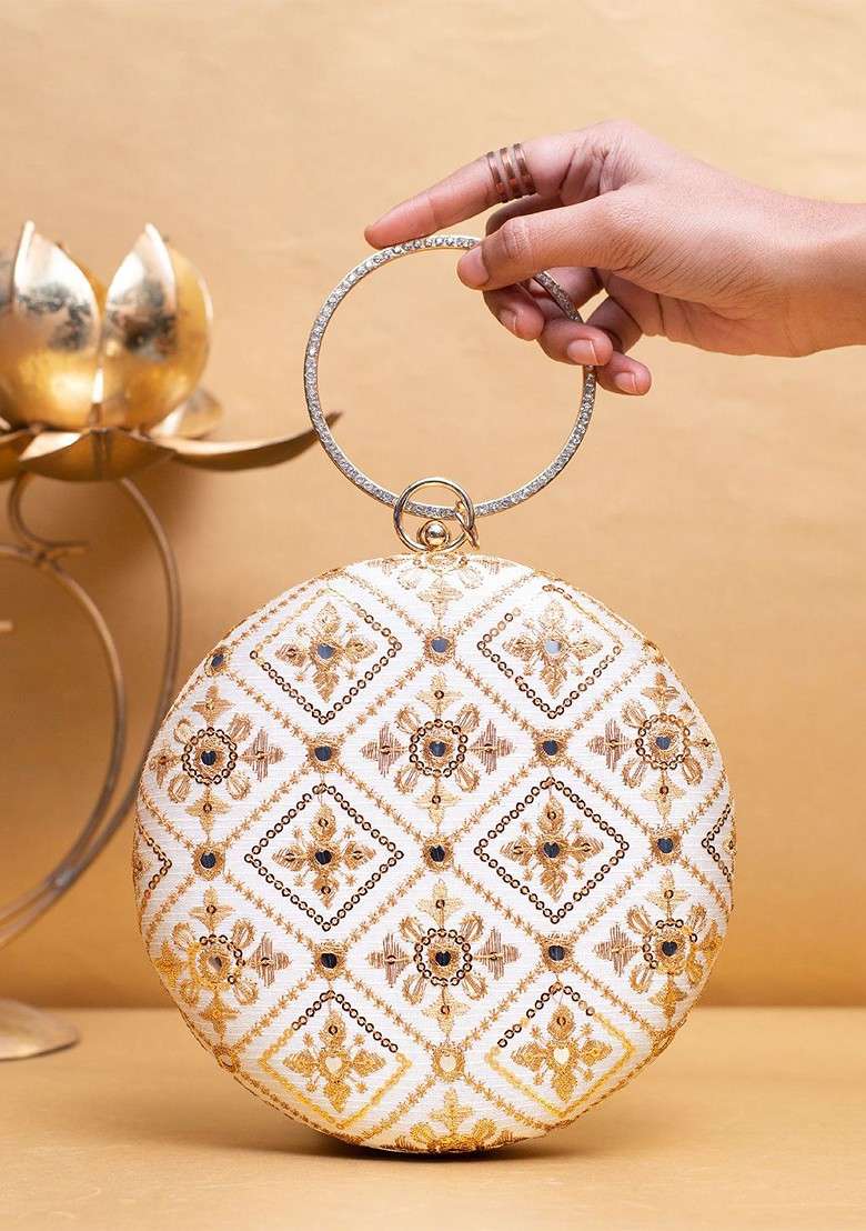 White Satin Embroidered Thread Work And Sequinned Box Clutch - Indya