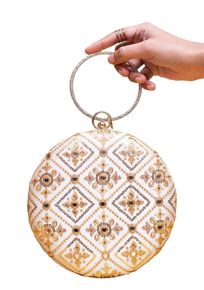 White Satin Embroidered Thread Work And Sequinned Box Clutch - Indya