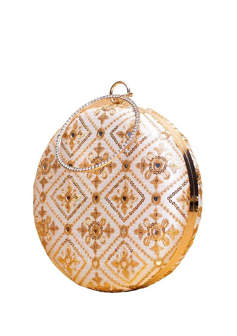 White Satin Embroidered Thread Work And Sequinned Box Clutch - Indya