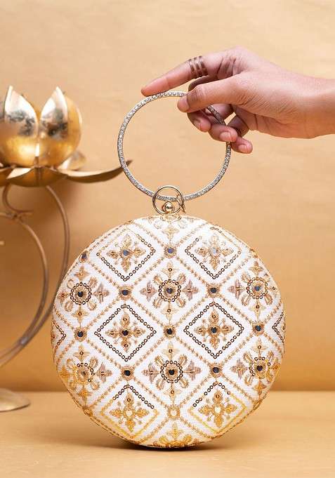 White Satin Embroidered Thread Work And Sequinned Box Clutch
