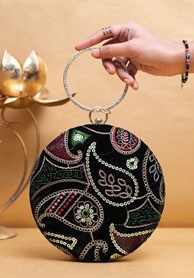 Black Satin Embroidered Thread Work And Sequinned Box Clutch