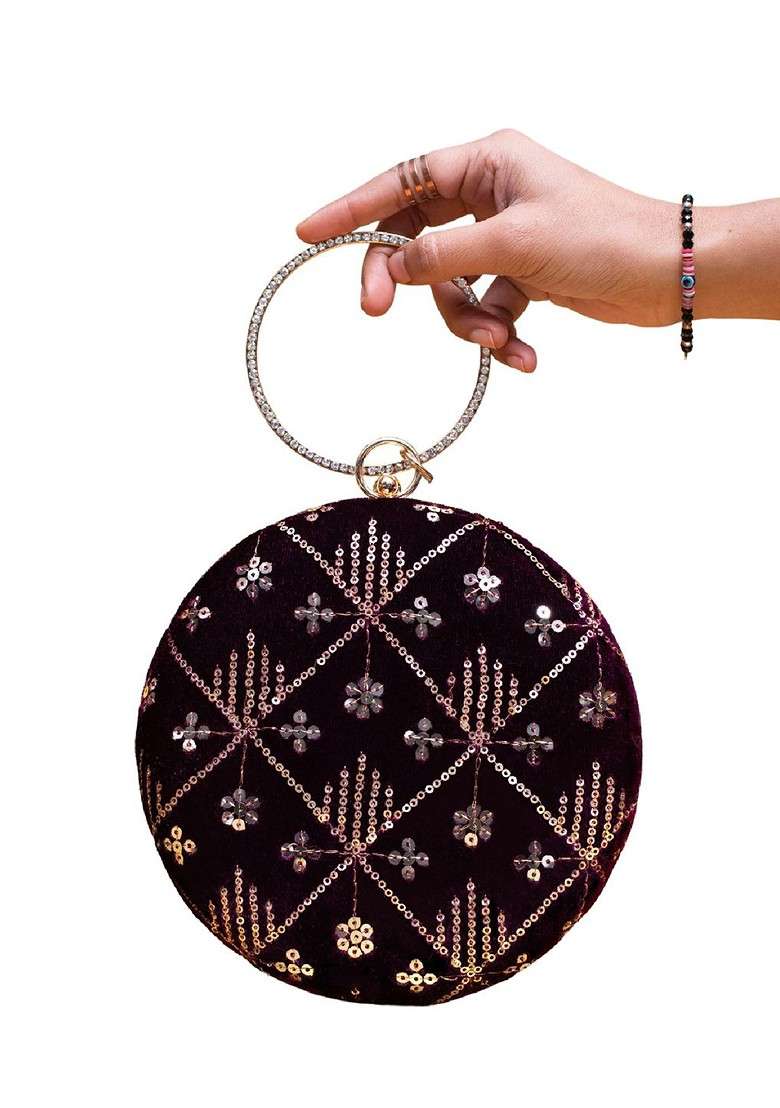 Purple Satin Embroidered Sequinned Box Clutch - Indya