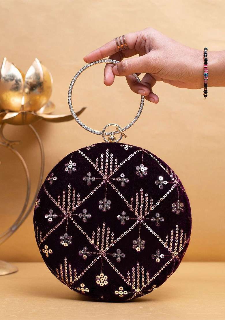 Purple Satin Embroidered Sequinned Box Clutch - Indya