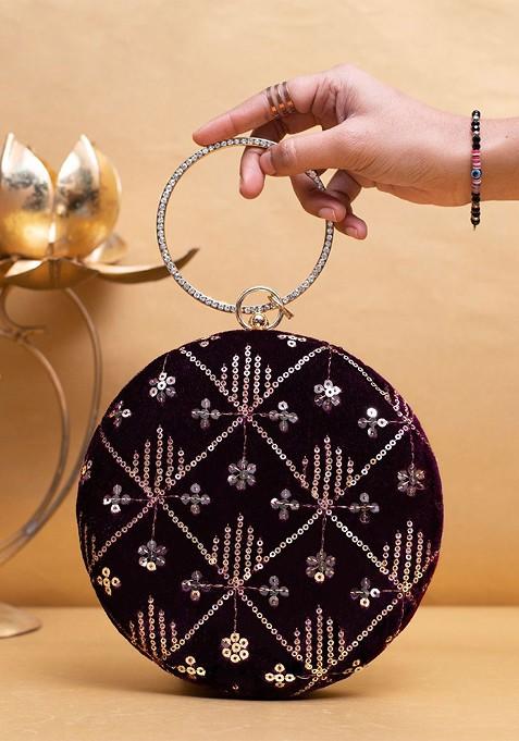 Purple Satin Embroidered Sequinned Box Clutch