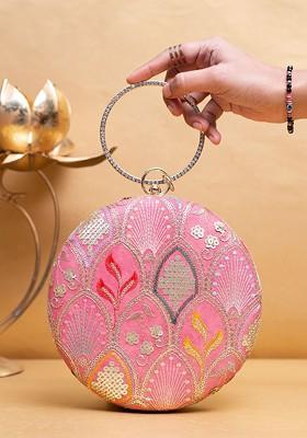 Pink Satin Embroidered Sequinned Box Clutch