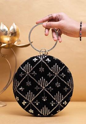 Black Satin Embroidered Sequinned Box Clutch