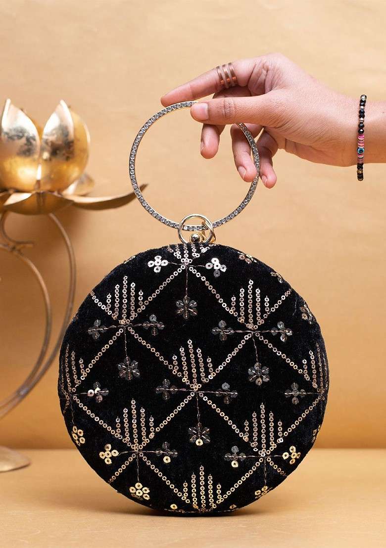 Black Satin Embroidered Sequinned Box Clutch - Indya