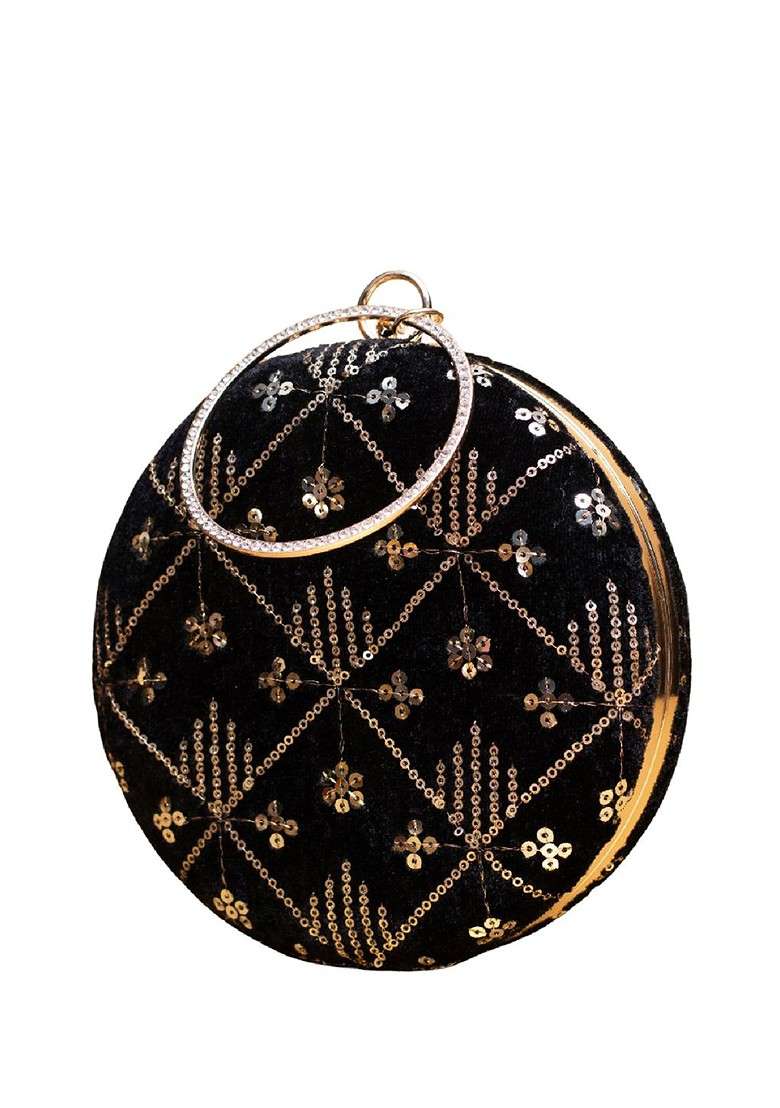Black Satin Embroidered Sequinned Box Clutch - Indya