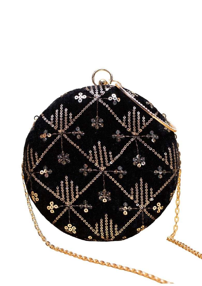 Black Satin Embroidered Sequinned Box Clutch - Indya