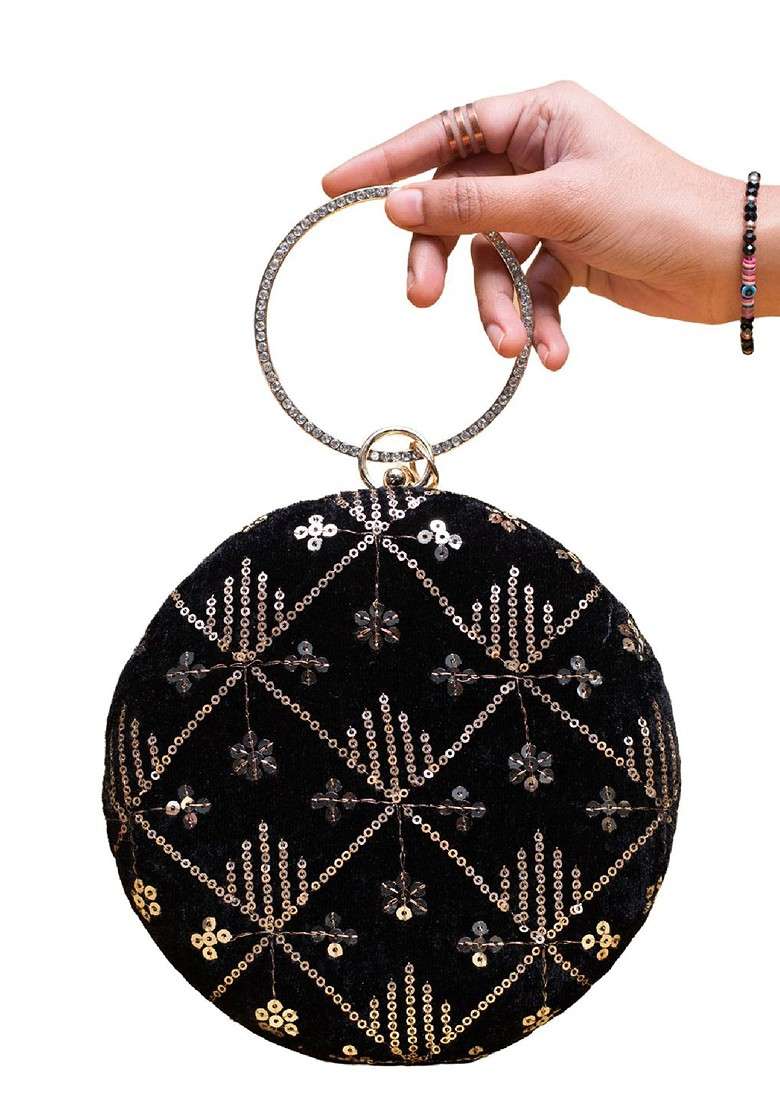 Black Satin Embroidered Sequinned Box Clutch - Indya