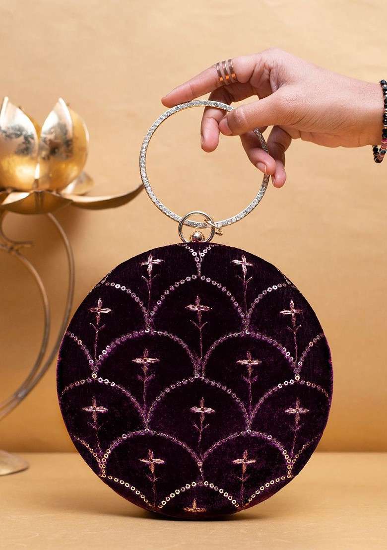 Purple Satin Embroidered Sequinned Box Clutch - Indya