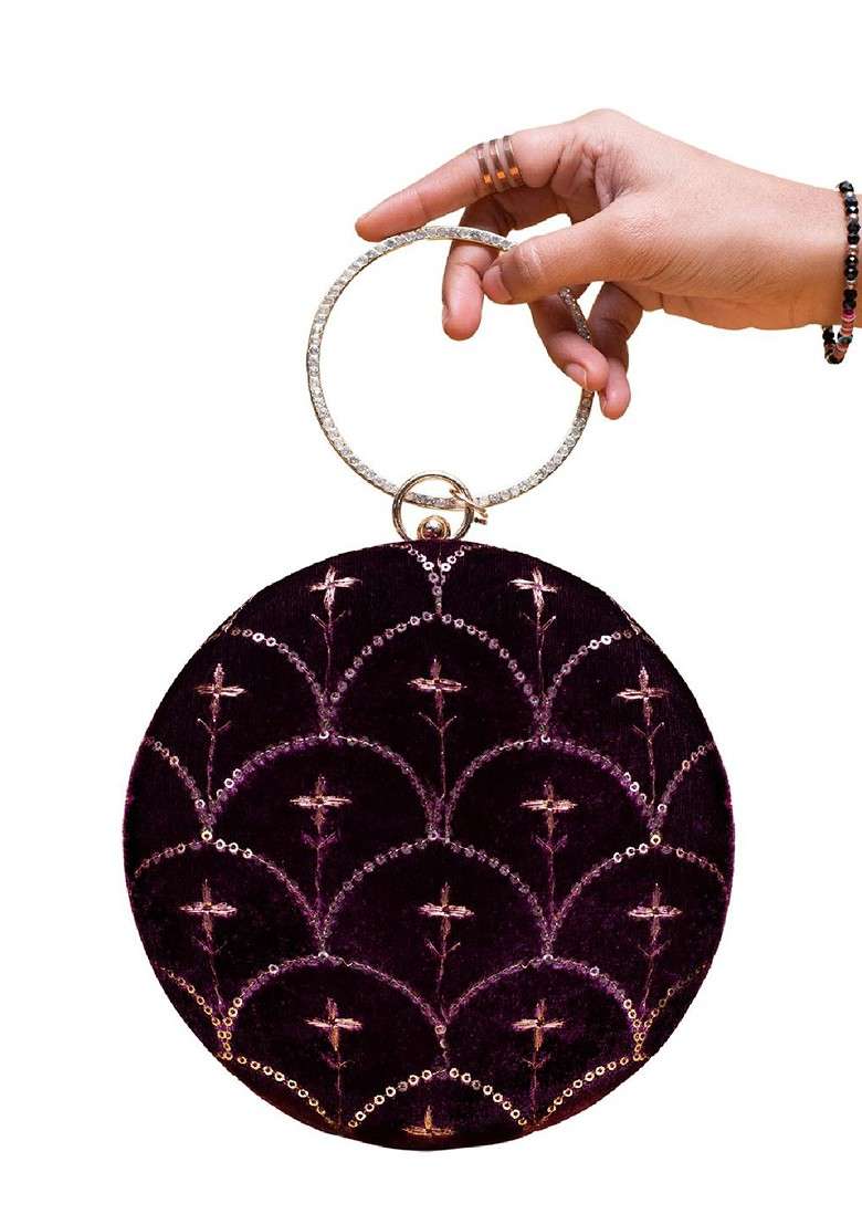 Purple Satin Embroidered Sequinned Box Clutch - Indya