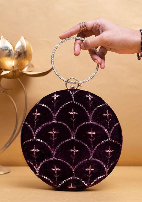 Purple Satin Embroidered Sequinned Box Clutch