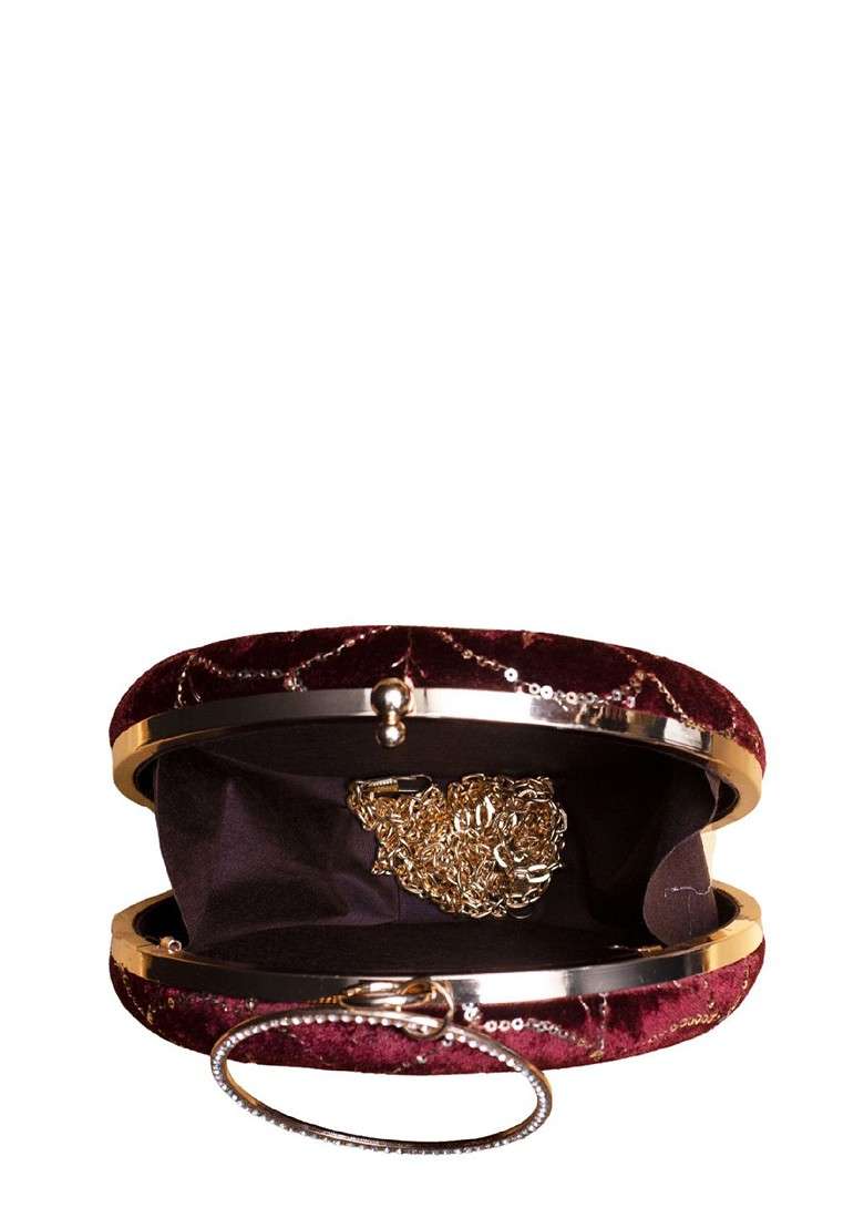 Maroon Satin Embroidered Box Clutch - Indya