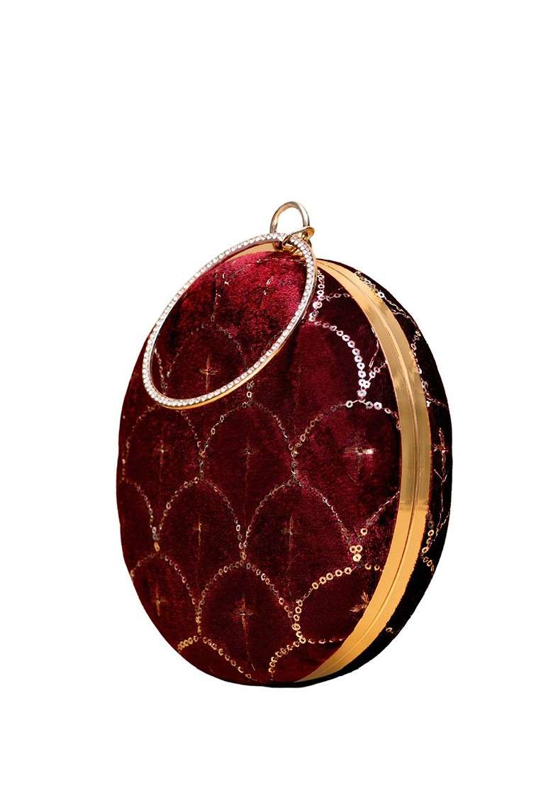 Maroon Satin Embroidered Box Clutch - Indya