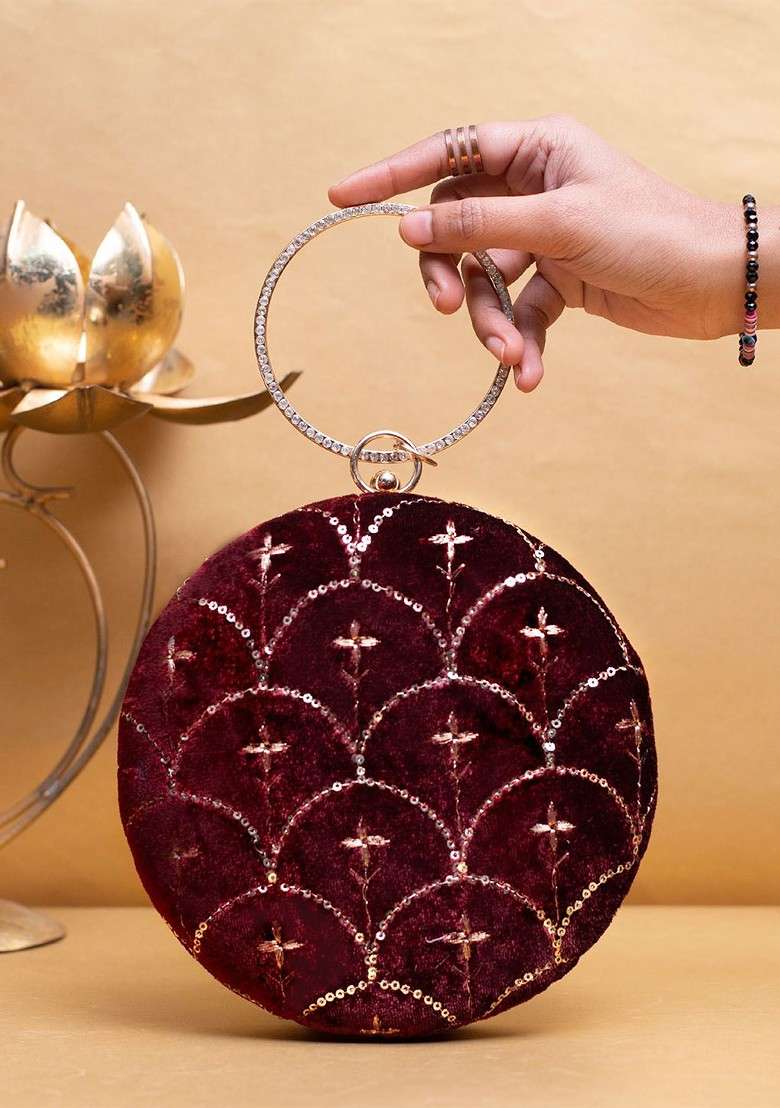 Maroon Satin Embroidered Box Clutch - Indya