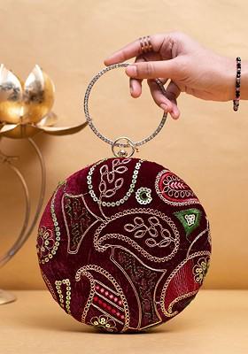 Maroon Satin Embroidered Box Clutch