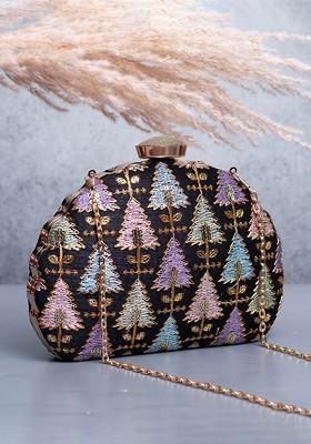 Black Satin Tropical Embroidered Embellished Box Clutch