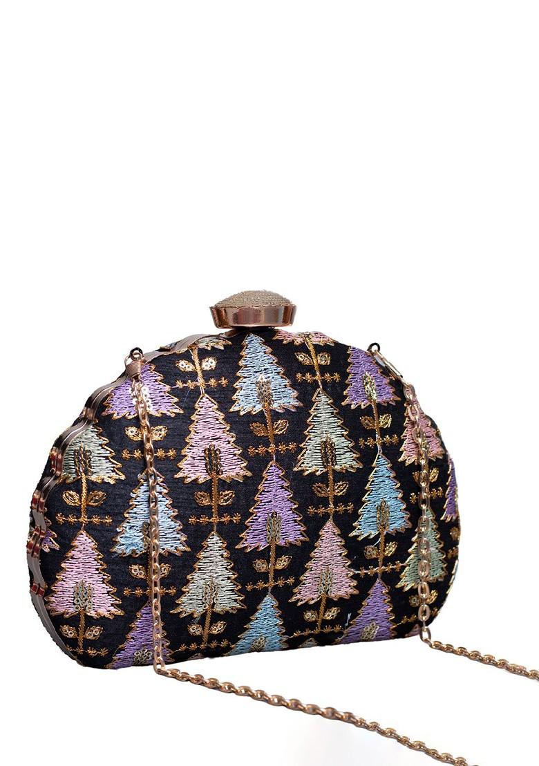 Black Satin Tropical Embroidered Embellished Box Clutch - Indya