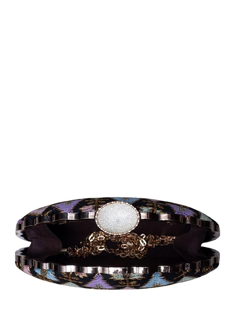 Black Satin Tropical Embroidered Embellished Box Clutch - Indya