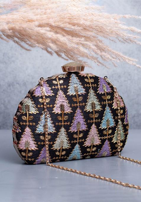 Black Satin Tropical Embroidered Embellished Box Clutch