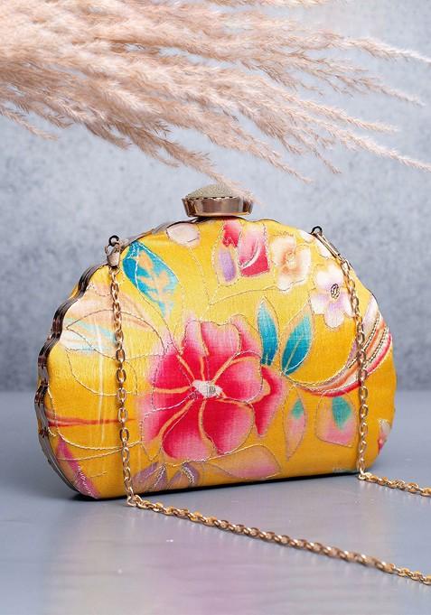 Yellow Satin Floral Zari Embroidered Box Clutch
