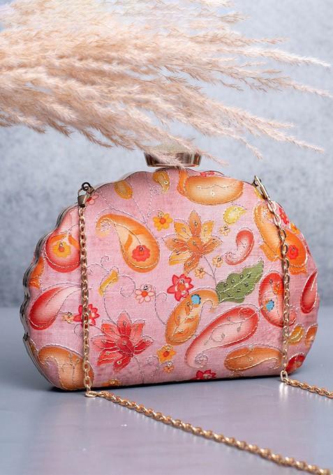 Pink Satin Floral Embroidered Box Clutch