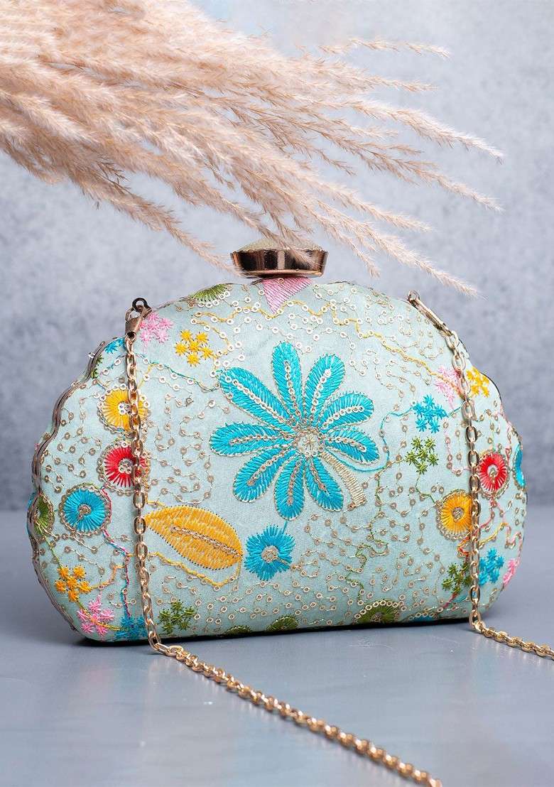 Blue Satin Floral Sequins Embroidered Box Clutch - Indya