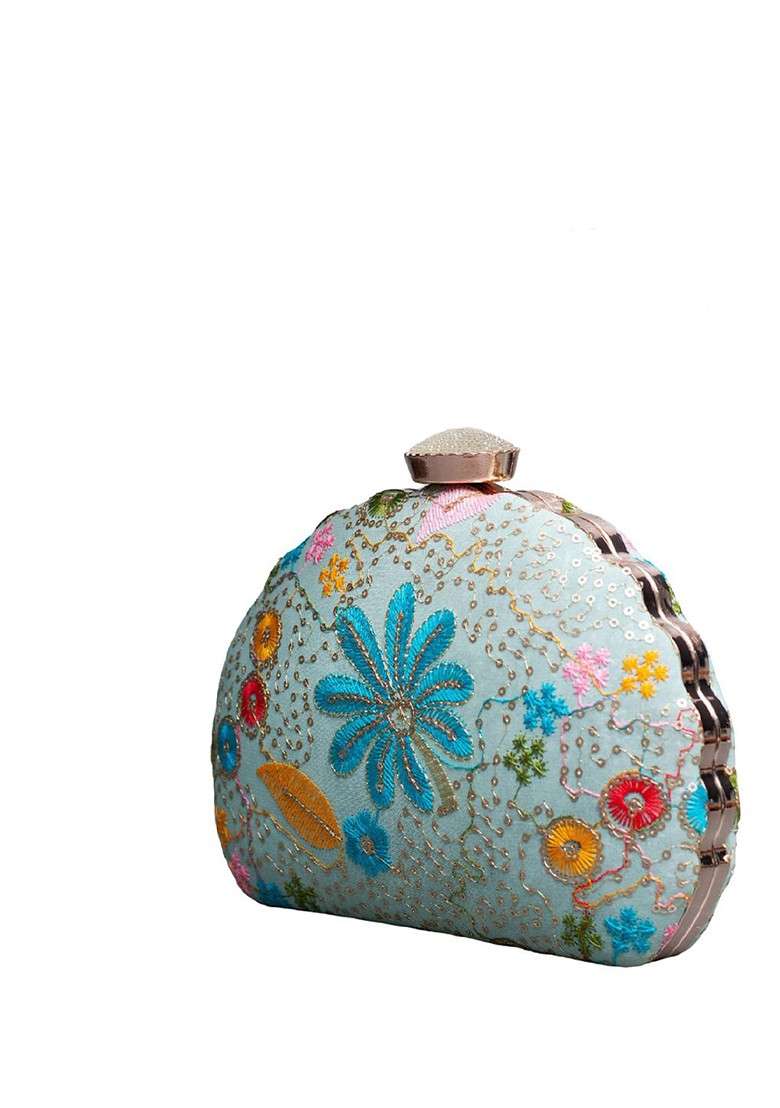 Blue Satin Floral Sequins Embroidered Box Clutch - Indya