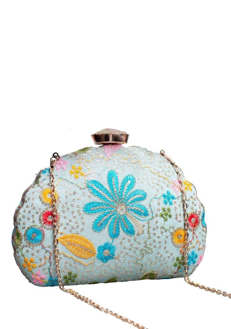 Blue Satin Floral Sequins Embroidered Box Clutch - Indya