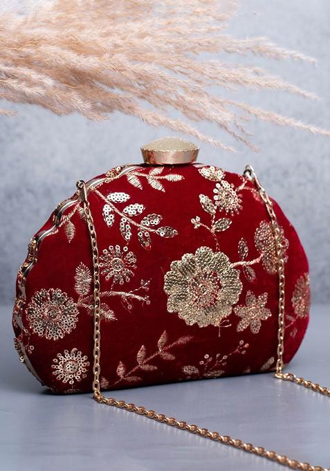 Red Satin Floral Sequins Embroidered Box Clutch