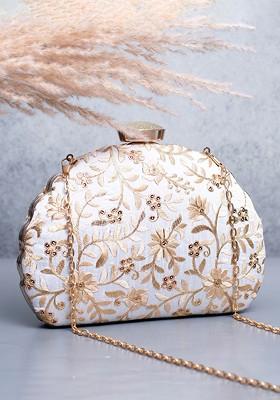 White Satin Floral Embroidered Box Clutch
